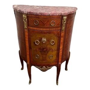 Antique 19th French Louis Napoleon III Style Gilt Bronze Mounted Oakwood & Fruitwood Marquetry. Demi-Lune. Small Commode Dresser