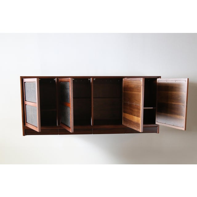 1950s Edward Wormley for Dunbar Walnut and Chinese Print Block Floating Credenza For Sale - Image 6 of 10