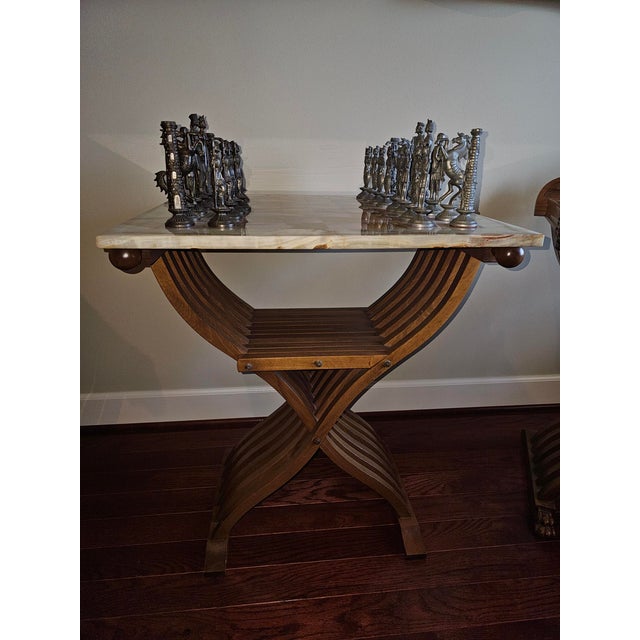 Brown Three Piece Chess Table With Marble Top & Two 19th Century Renaissance Savonarola Chairs For Sale - Image 8 of 8