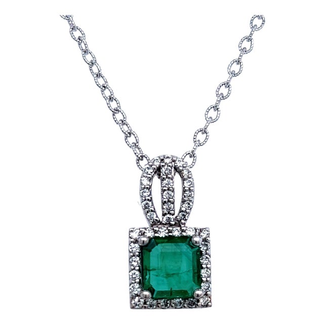 Natural Emerald Diamond Pendant Necklace 18" 14k White Gold 2.41 TCW Certified For Sale