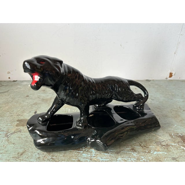 Vintage Ceramic Black Panther on Log Planter For Sale - Image 6 of 11