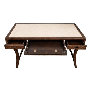 Mid-Century Rattan Desk With Travertine Top & Drop-Front Center Drawer For Sale