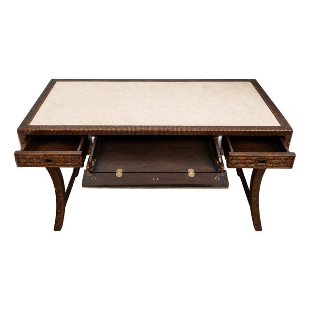 Mid-Century Rattan Desk With Travertine Top & Drop-Front Center Drawer For Sale