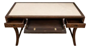 Mid-Century Rattan Desk With Travertine Top & Drop-Front Center Drawer