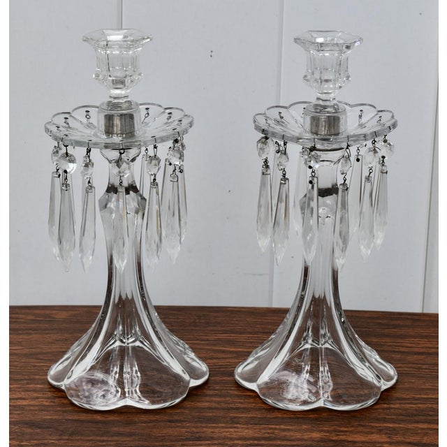 Transparent Vintage Art Nouveau Style Pair of Crystal Candlesticks W/Hanging Prisms For Sale - Image 8 of 12
