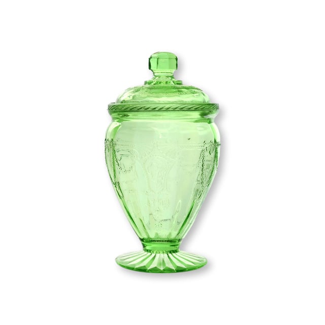 Art Deco Cameo Green Depression Uranium Glass Candy Jar For Sale - Image 3 of 3