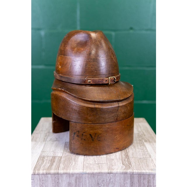 Antique English Hat Form Two piece wooden hat form rescued from a Victorian milliner's factory Leather belt and buckle...