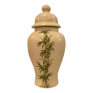 Vintage Chinoiserie Chinese Bamboo Hand Painted and Signed Lidded Ginger Jar