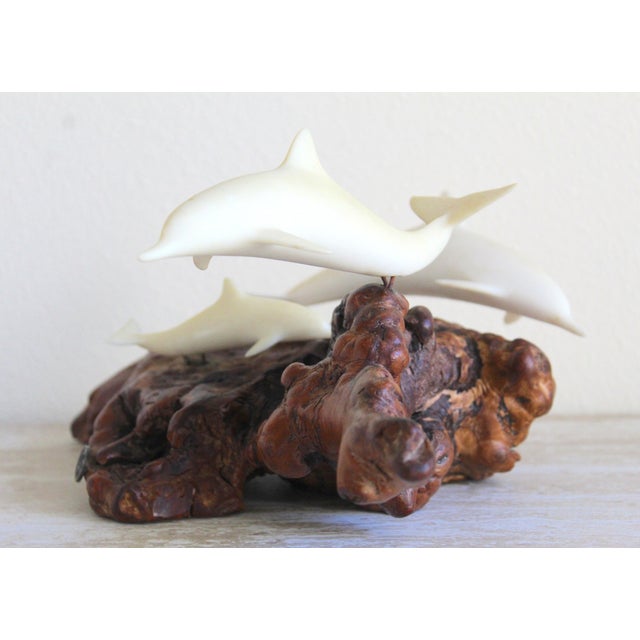Vintage John Perry Dolphin Pod Sculpture on Natural Burlwood Base – 14" For Sale - Image 4 of 12