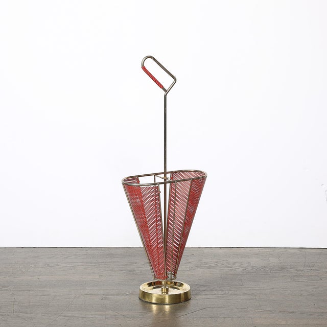 Mid-Century Modernist Sculptural Brass & Carnelian Red Enamel Umbrella Stand For Sale - Image 12 of 18