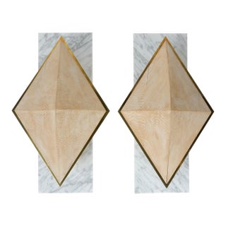 Large Custom Diamond Wall Sconces of Brass, Carrara Marble and Wood For Sale