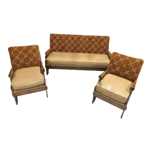Romweber Viking Oak Sofa With Two Chairs - Upholstered With Artisanal African Textile and Leather - Vintage Mid 20th Century