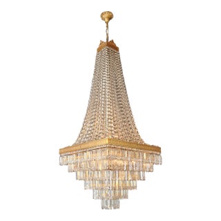 Antique Art Deco Crystal Chandelier Brass Tiered Square Design Restored For Sale