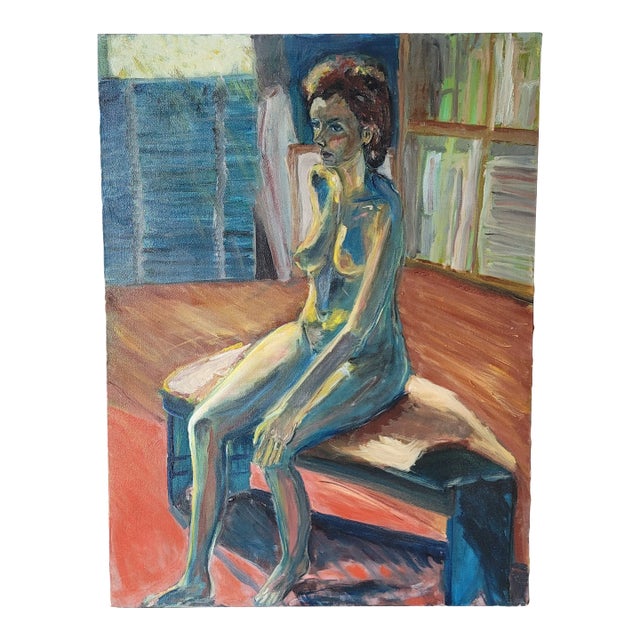 1990s Nude Woman Sitting on Bench Impressionist Portrait Oil Painting by Rosemary Rabut For Sale