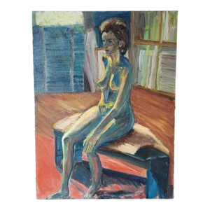 1990s Nude Woman Sitting on Bench Impressionist Portrait Oil Painting by Rosemary Rabut