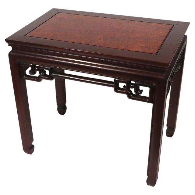 Chinese Padauk and Burl Panel Side Tables, Pair, Labeled j.l. George & Co., Hong Kong For Sale - Image 9 of 14