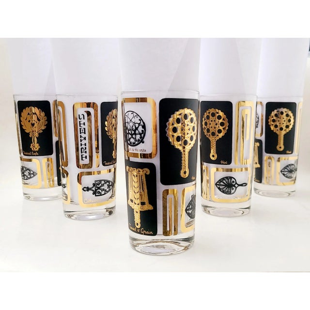 Metal Mid-Century Black & Gold Cocktail Tumblers With Trivets- Set of 6 For Sale - Image 7 of 12