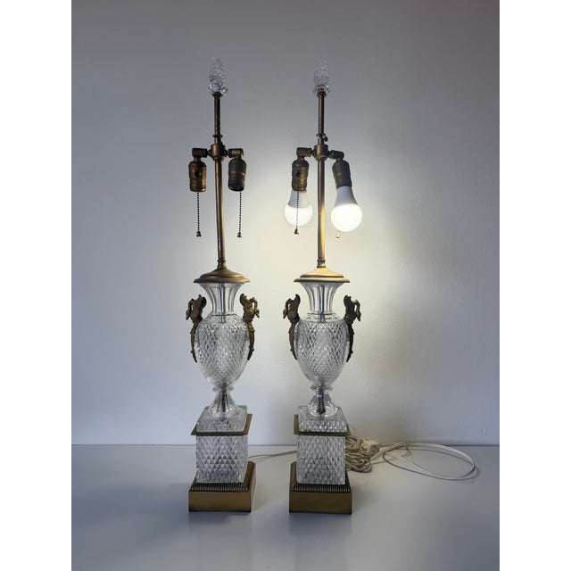 Vintage French Empire Neoclassical Style Cut Crystal & Swan Bronze Ormolu Table Lamps – A Pair For Sale - Image 4 of 13