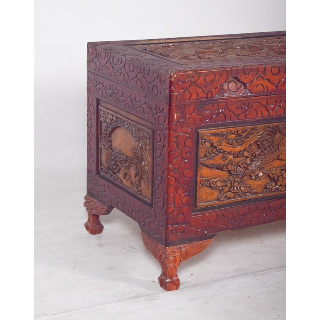 Antique Painted Oriental Carved Chest For Sale - Image 11 of 14