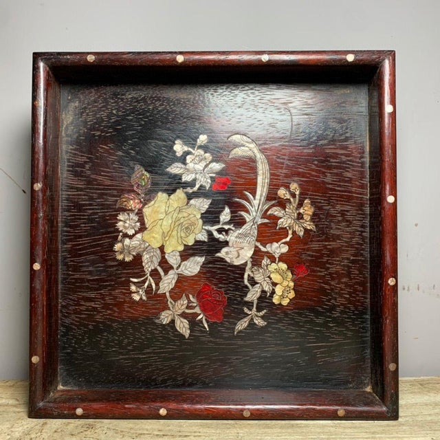 Chinese Vintage Chinese Zitan Wood Tea Tray | Mother-of-Pearl Inlaid Bird & Flower Motif For Sale - Image 3 of 9
