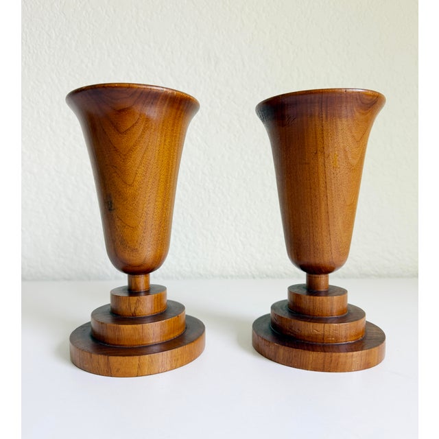 A wonderful pair of Art Deco turned wood chalice-style vases featuring stepped bases. The wood type appears to be walnut,...
