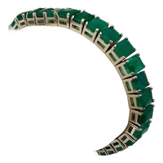 40 Ct Natural Emerald Cut Emerald Cocktail Tennis Bracelet 14 Kt White Gold 7.5" For Sale