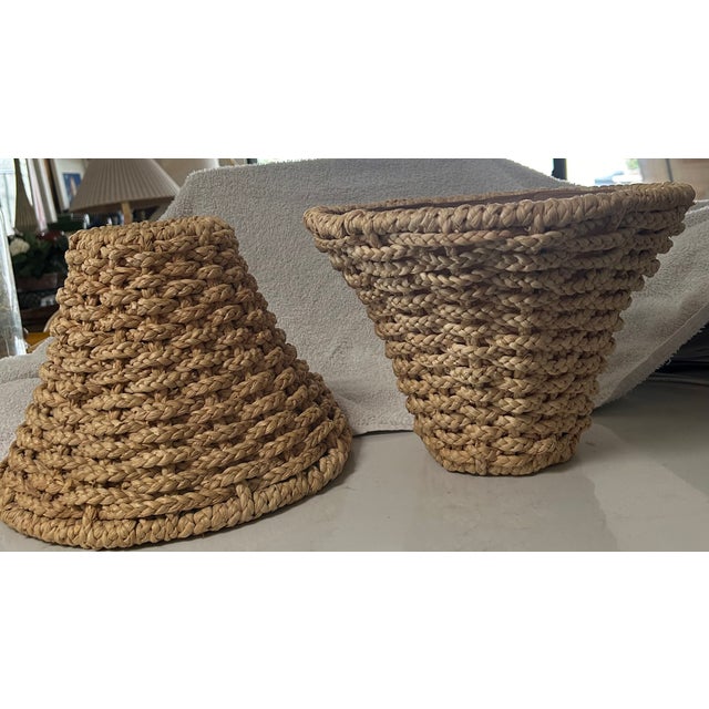 Metal Vintage Coastal Chic Handwoven Raffia Seagrass Lampshades- a Pair For Sale - Image 7 of 7
