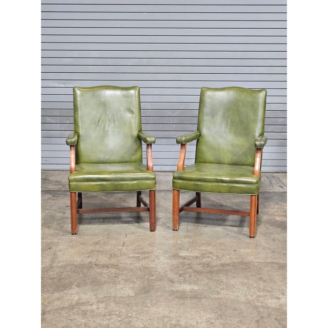 Late 20th Century Pair of Alma Mahogany Armchairs Green Leather Fabric Made in North Carolina For Sale - Image 4 of 11