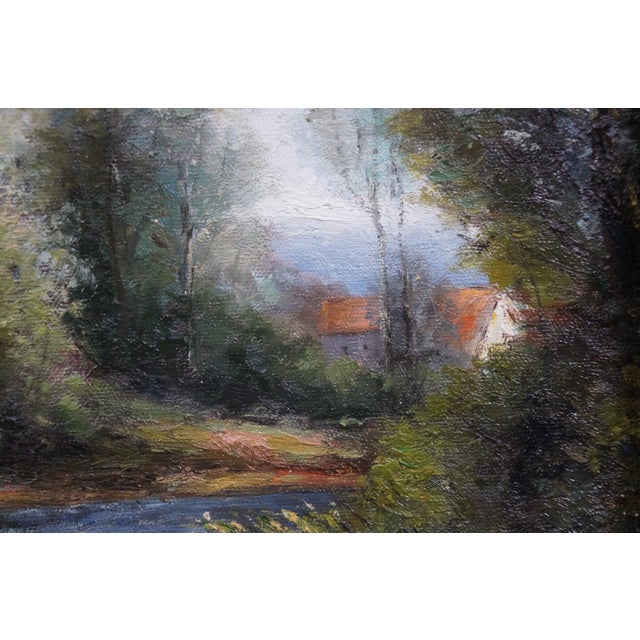 Late 20th Century Klausman Impressionist Cottage River Trees Landscape Oil Painting 24" For Sale - Image 10 of 10
