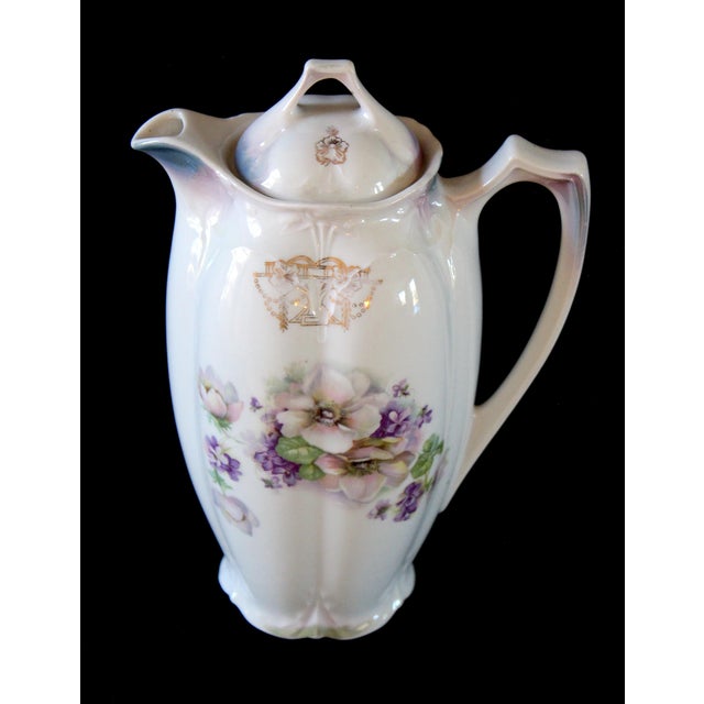 Shabby Chic Vintage Porcelain Chocolate Pot With Floral Design and Lid, Marked 653 For Sale - Image 3 of 16