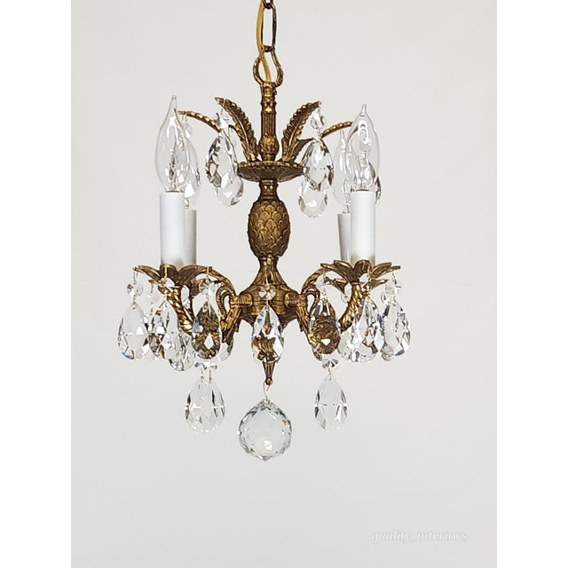 Metal Vintage 4 Arm 4 Light Baby Pineapple Brass Cut Lead Glass Crystal Chandelier For Sale - Image 7 of 12