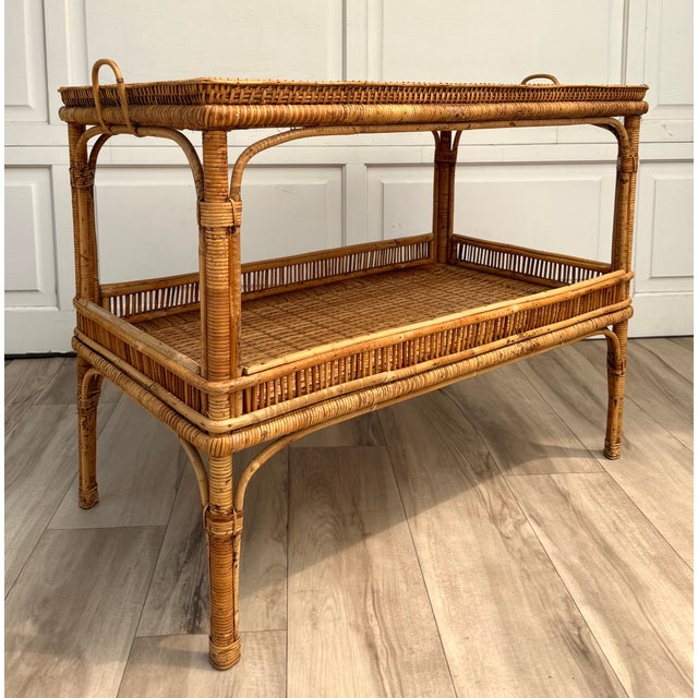 Vintage Bamboo, Rattan & Wicker Two-Tier Console Display Table With Tray Top For Sale - Image 13 of 15
