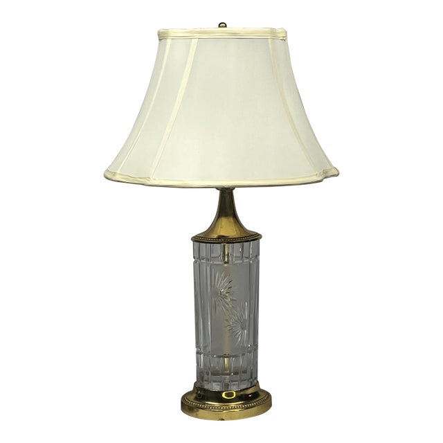 Mid 20th Century Signed Dresden Cut Crystal & Brass Cylinder Table Lamp - With Shade For Sale