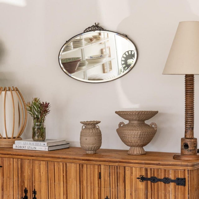 Beautiful Art Deco metal mirror from France, 1930's. Vintage metal frame with lovely leaf motif on the top. Original...