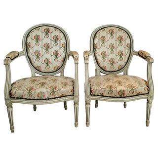 Set of Louis XVI Style White Limed Medallion Chairs For Sale