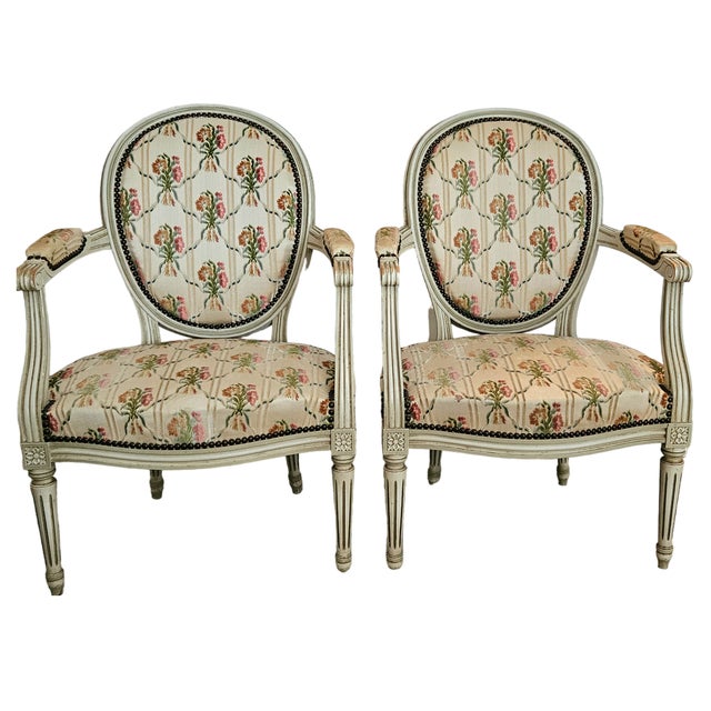 Set of Louis XVI Style White Limed Medallion Chairs For Sale