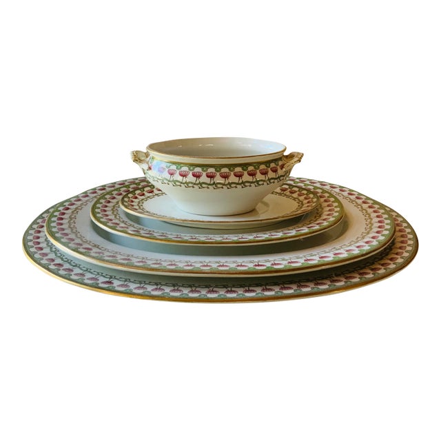 Antique Royal Worcester Victorian Porcelain Serving Set — Platters & Tureen, Pink Lotus & Gold For Sale