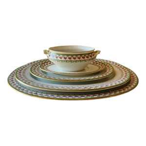 Antique Royal Worcester Victorian Porcelain Serving Set — Platters & Tureen, Pink Lotus & Gold