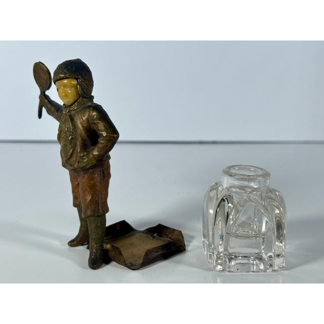 Bronze Antique Bronzed Spelter Ivorine Celluloid Sporting Tennis Figural Inkwell For Sale - Image 8 of 10