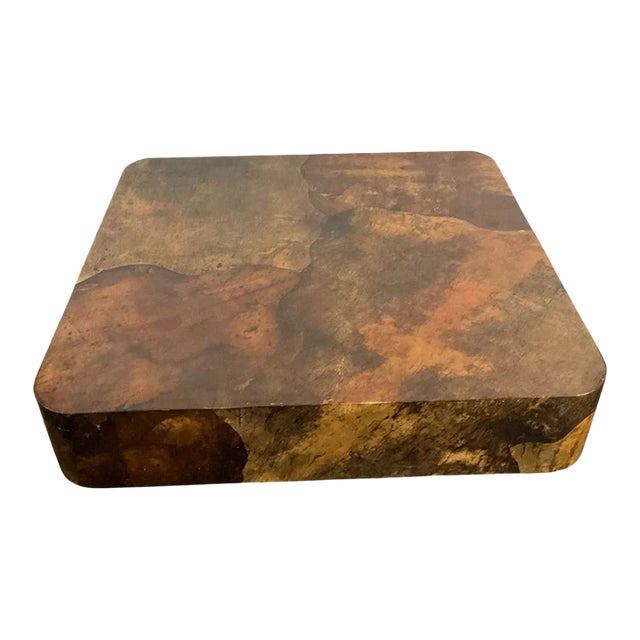 1980s Goatskin Curved Square Coffee Table W/Brass Base For Sale