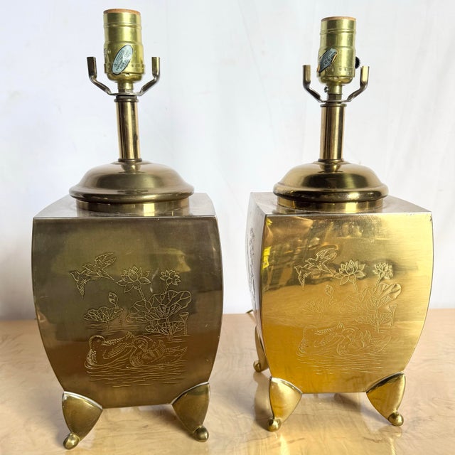 Brass Vintage Chinoiserie Brass Engraved Tiger Table Lamps - A Pair For Sale - Image 8 of 11