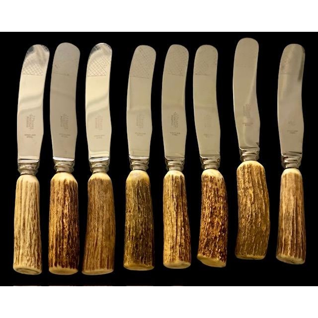 English Vintage J Fraser Horncraft of Braemar Scottish Stag Handled Butter Knife m - Set of Eight For Sale - Image 3 of 10