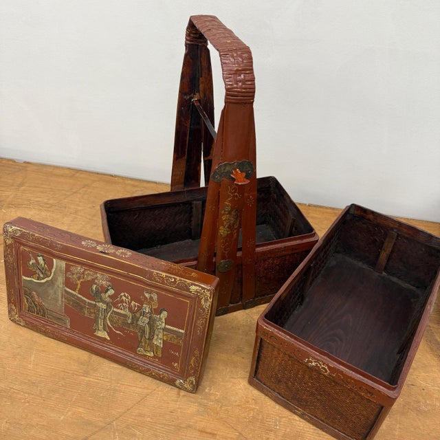 Wood Courtyard Tales Red Double Tiered Wedding Basket with Lock For Sale - Image 7 of 14