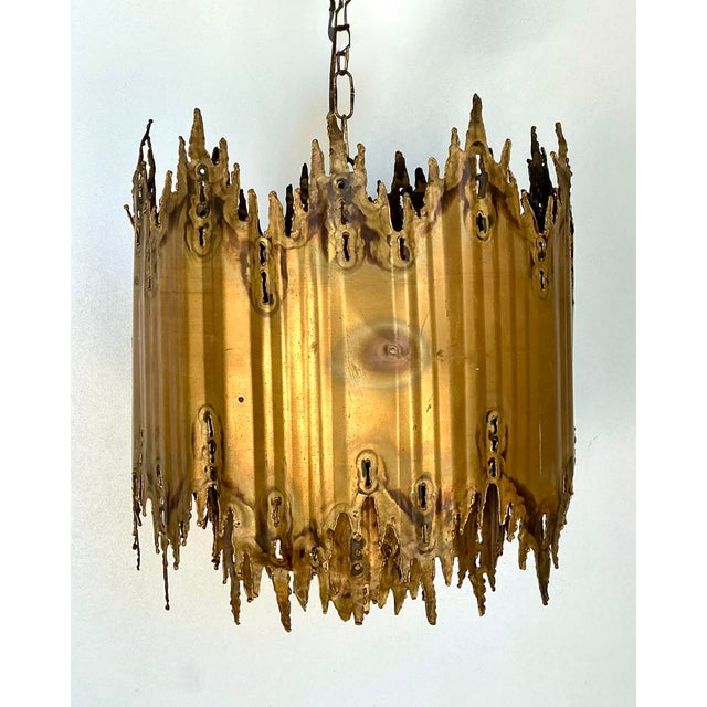 Metal Vintage Tom Greene Brutalist Torch Cut Brass Chandelier For Sale - Image 7 of 12