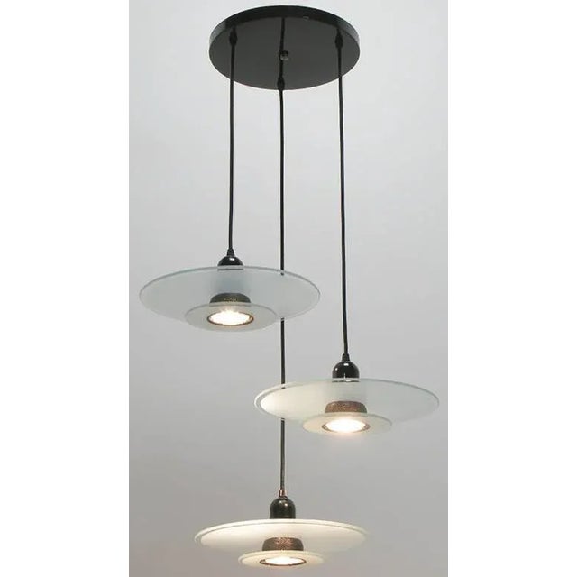 1970s Art Deco Revival Etched Glass and Black Enamel Three-Light Pendant For Sale - Image 5 of 7