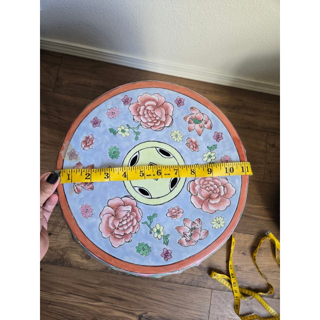 Light Pink Vintage Chinese Hand-Painted Porcelain Garden Stool / Drum Stool With Floral & Figural Motif For Sale - Image 8 of 9