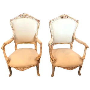 Vintage Louis XV Style Armchairs in Painted Distressed Frames - a Pair