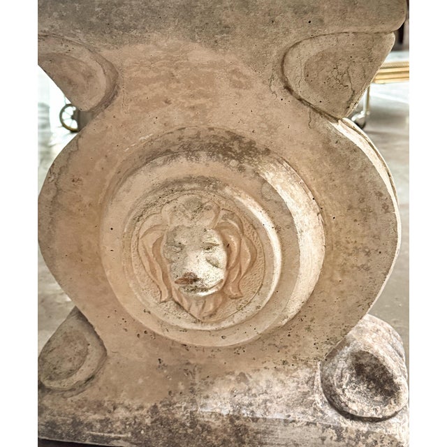 Gray English Curved Garden Stone Bench With Scroll and Lion's Head Base Supports For Sale - Image 8 of 11
