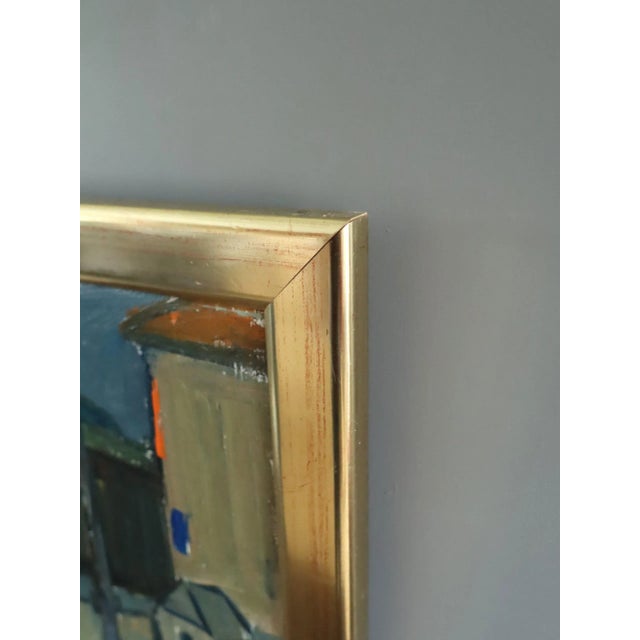 Green Mid-Century Modern 'Passing Moments' Vintage Original Expressive Street Scene Landscape Oil Painting, Framed For Sale - Image 8 of 12