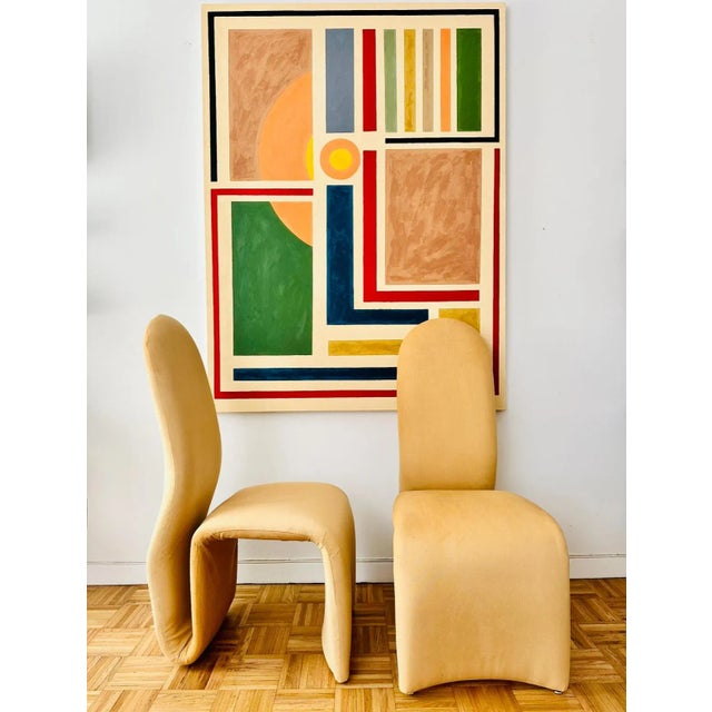 Jan Ekselius Attributed 1970's Pair of Side Chairs Newly Upholstered in Amber Color Cotton Linen For Sale In New York - Image 6 of 8